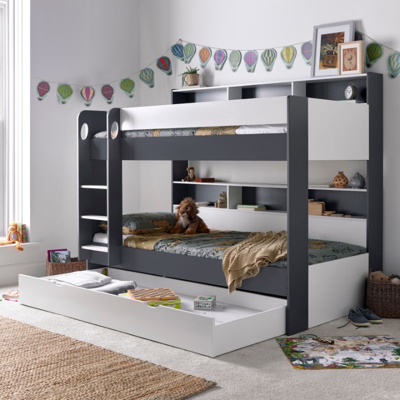Bedmaster Oliver Grey and White Bunk Bed with Additional Drawer – Space-Saving Kids Bed with Pull-Out Storage