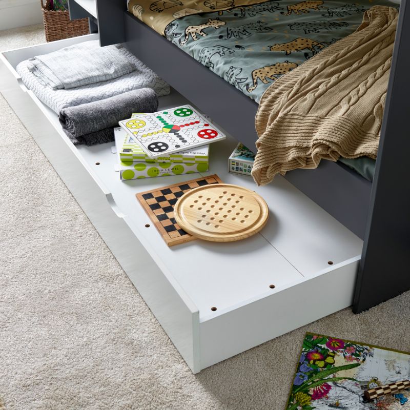 Bedmaster Oliver Grey and White Bunk Bed with Additional Drawer – Space-Saving Kids Bed with Pull-Out Storage