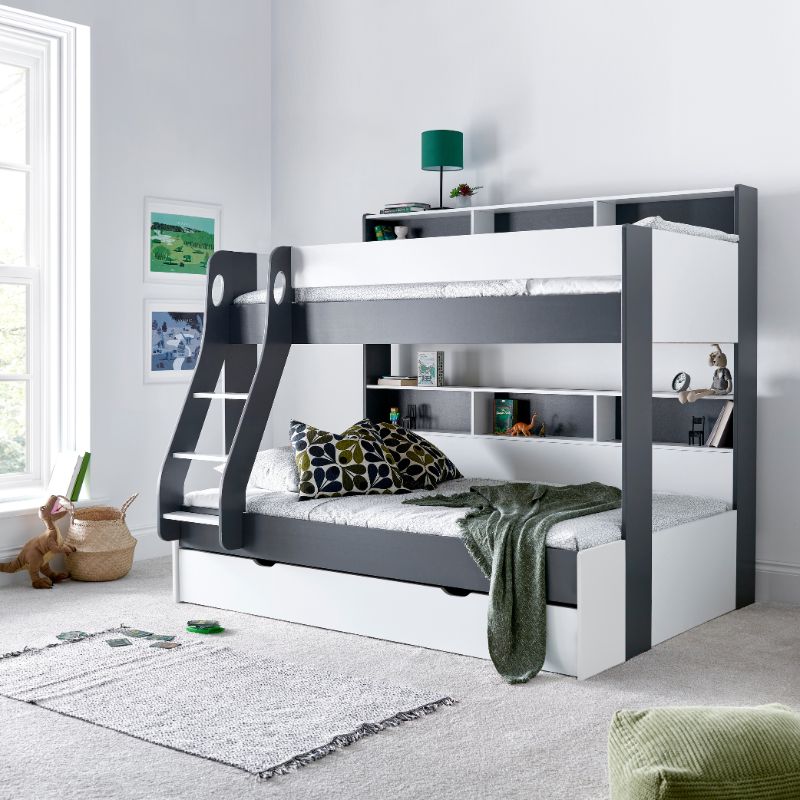 Bedmaster Oliver Grey and White Triple Sleeper Bunk Bed with Storage Drawer