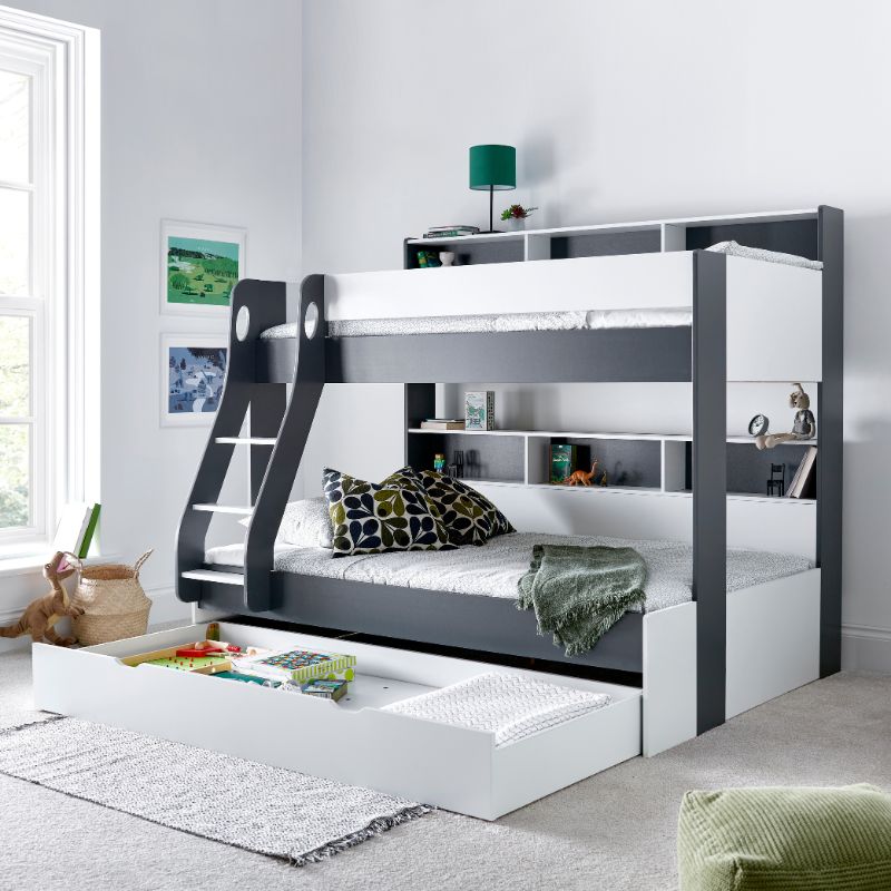 Bedmaster Oliver Grey and White Triple Sleeper Bunk Bed with Storage Drawer