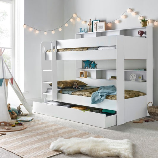 Bedmaster Oliver White Bunk Bed with Additional Drawer – Space-Saving Kids Bed with Pull-Out Storage