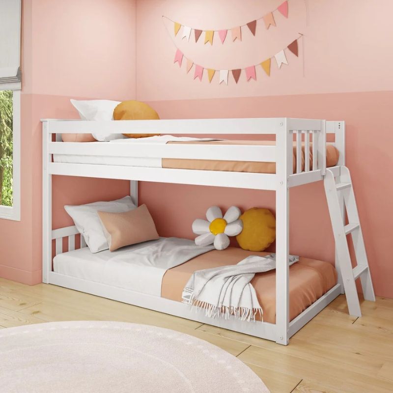 Twin over Twin Low Bunk Bed With Ladder On End